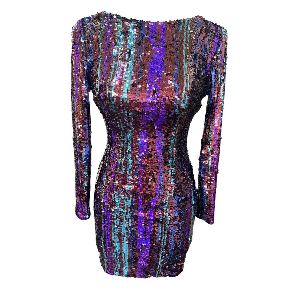 Dress The Population Lola Sequined Long Sleeve Mini Dress Size Small Multicolor